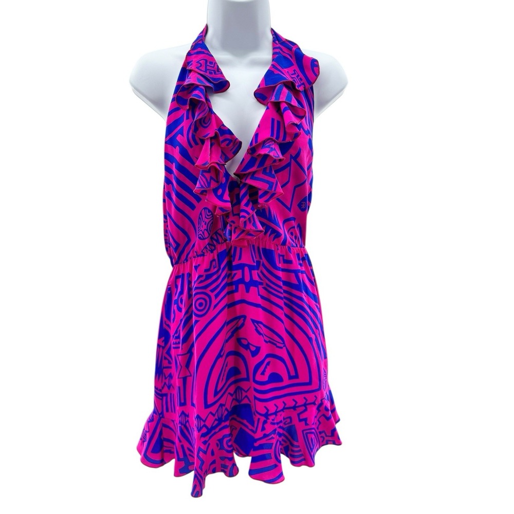Amanda Uprichard Silk Halter Dress Medium Pink Blue Print Ruffle Trim Summer